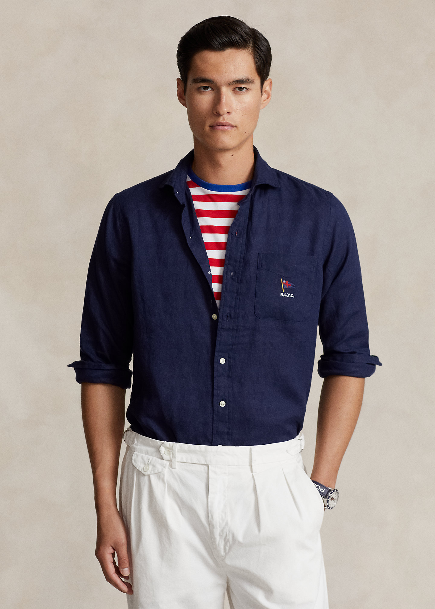Classic Fit Flag-Embroidered Linen Shirt