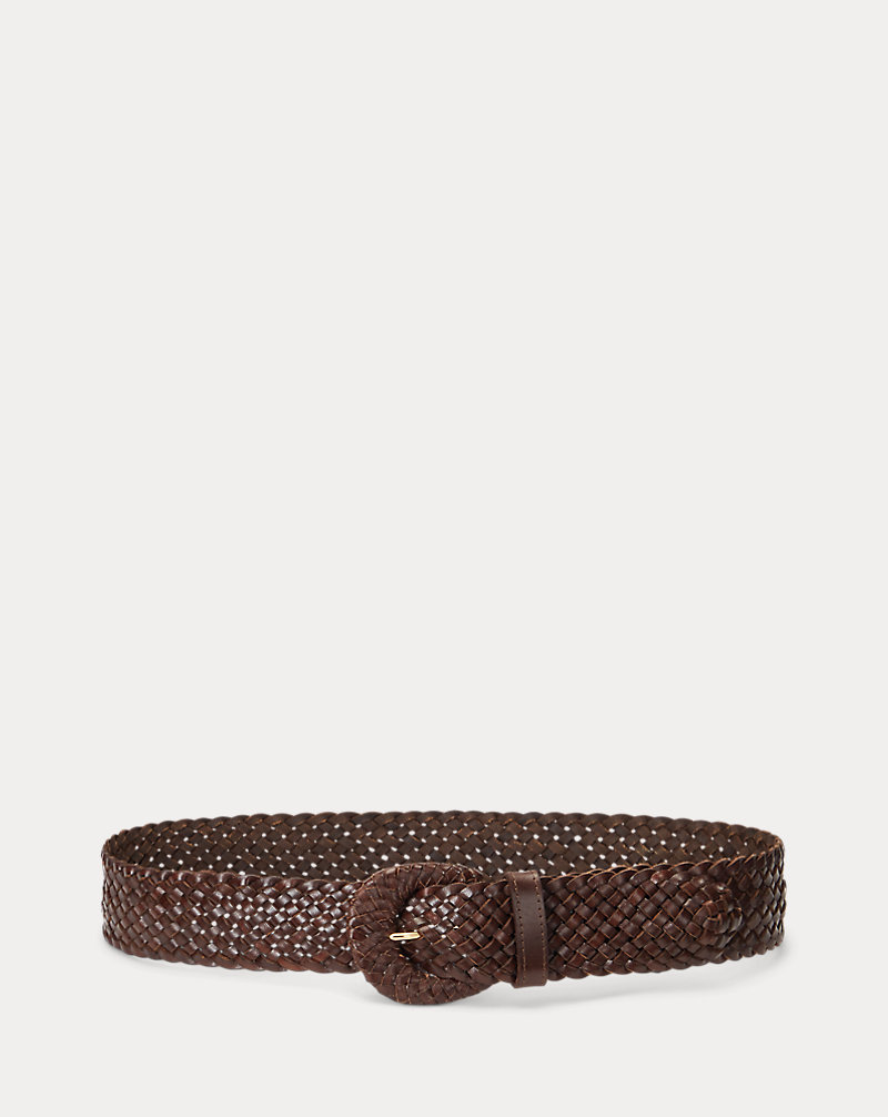 Crescent-Buckle Woven Leather Wide Belt Lauren 1