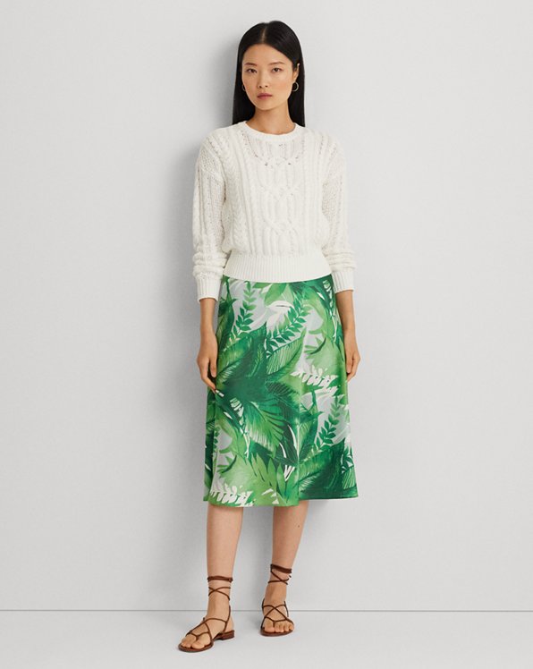 Palm Frond-Print Charmeuse Midi Skirt