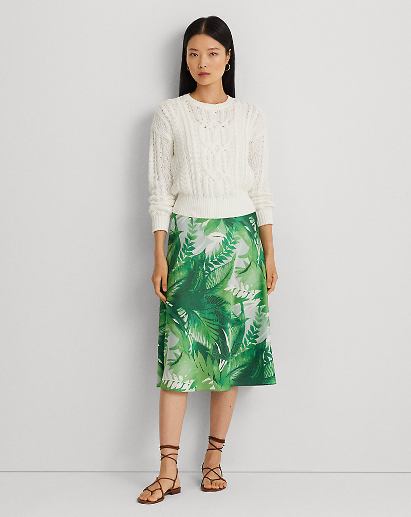 Palm Frond-Print Charmeuse Midi Skirt Lauren 1