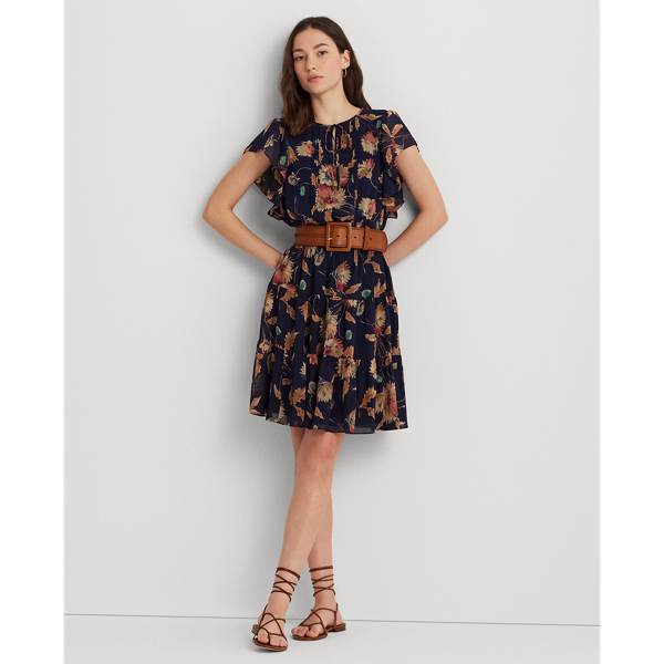 Floral Crinkle Georgette Tie-Neck Dress Lauren 1