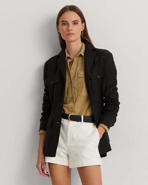 Belted Cotton-Linen Herringbone Jacket