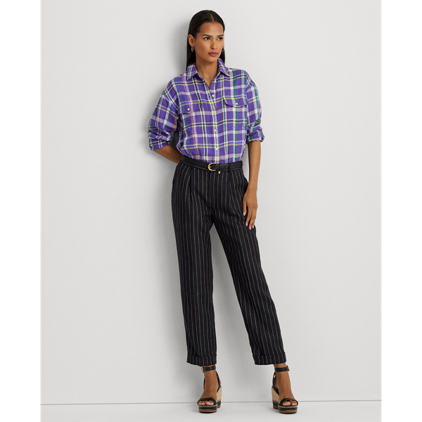 Pinstripe Pleated Linen Cropped Pant