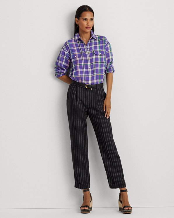 Pinstripe Pleated Linen Cropped Trouser