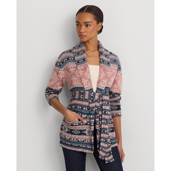 Geo-Motif Belted Linen-Cotton Cardigan