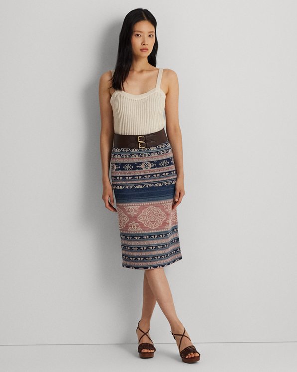 Geo-Motif Linen-Cotton Pencil Skirt