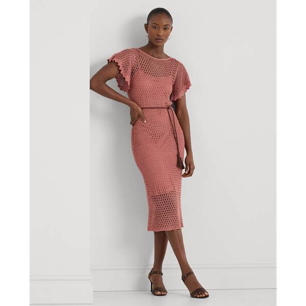 Belted Linen-Blend Pointelle-Knit Dress Lauren 1