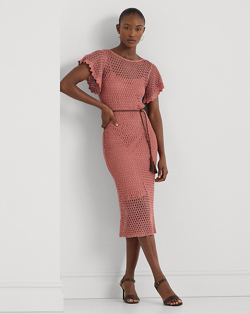 Belted Linen-Blend Pointelle-Knit Dress Lauren 1