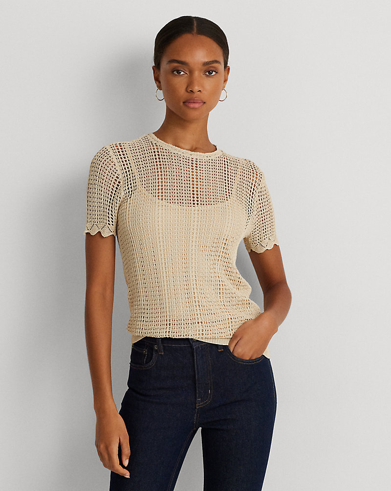 Pointelle-Knit Short-Sleeve Sweater Lauren 1