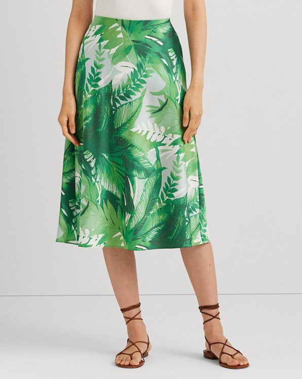 Palm Frond-Print Charmeuse Midi Skirt
