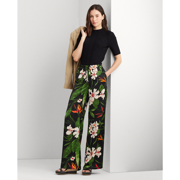 Floral Satin Charmeuse Wide-Leg Pant