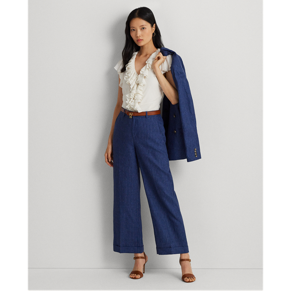 Pinstripe Linen Wide-Leg Cropped Trouser