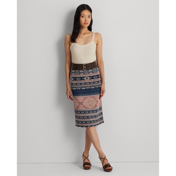 Geo-Motif Linen-Cotton Pencil Skirt