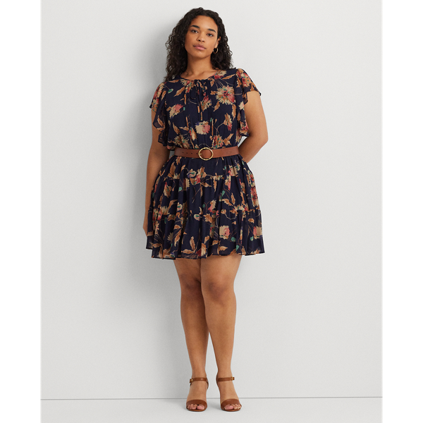 Floral Crinkle Georgette Tie-Neck Dress