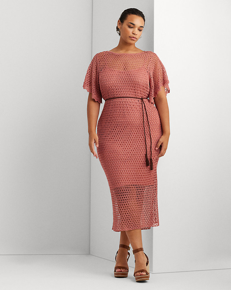 Belted Linen-Blend Pointelle-Knit Dress Lauren Woman 1