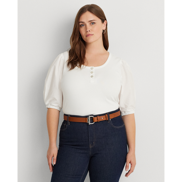 Stretch Cotton Puff-Sleeve Henley Tee