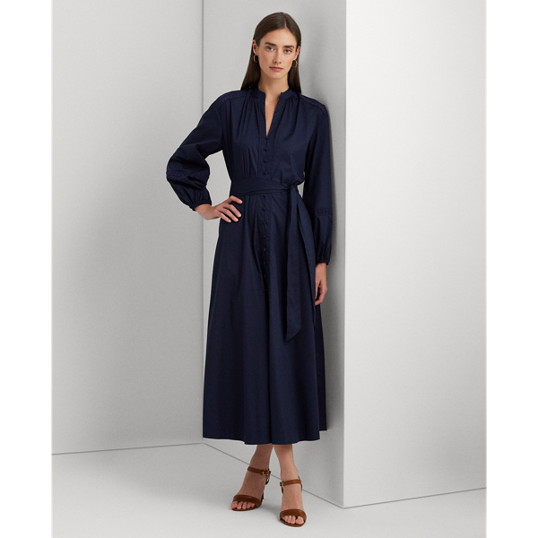 Lace-Trim Belted Cotton Shirtdress