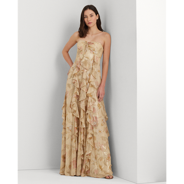 Floral Metallic Chiffon Strapless Gown