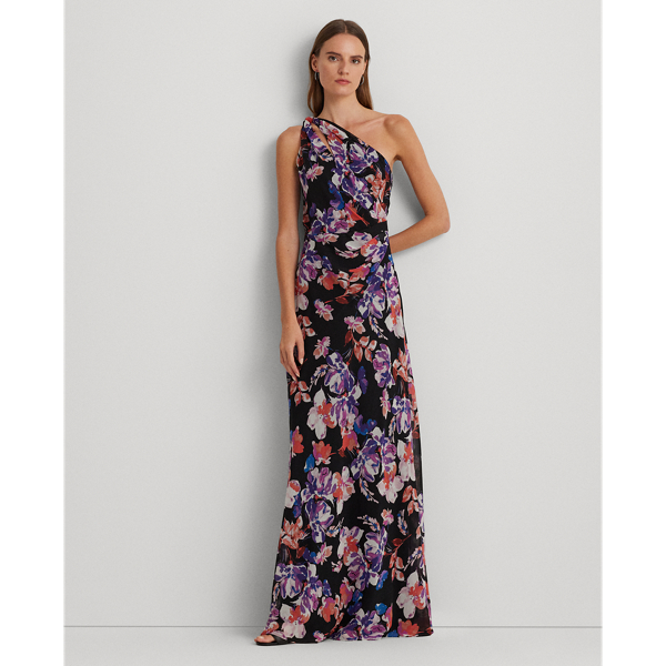 Gebloemde georgette one-shoulder jurk