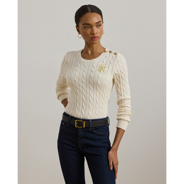 Button-Trim Cable-Knit Cotton Jumper