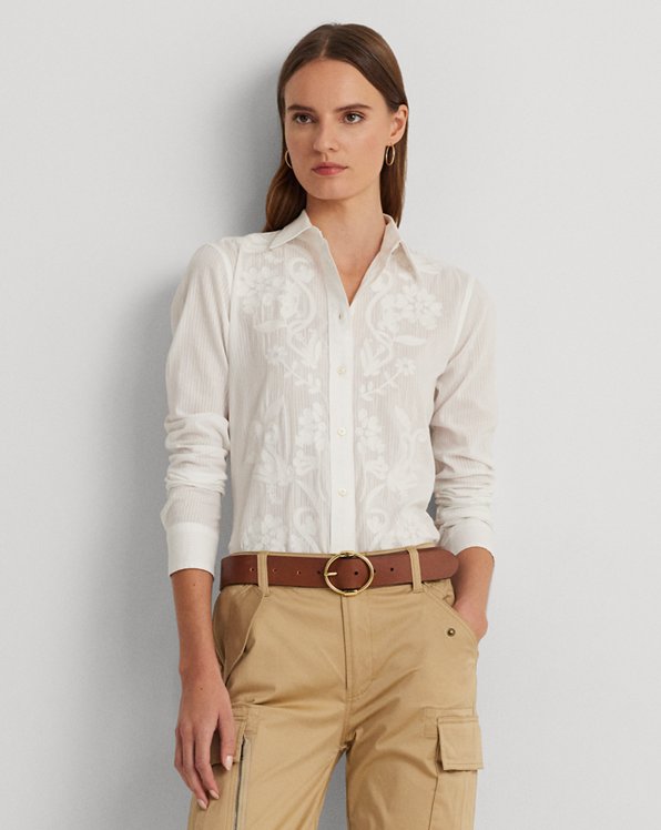 Embroidered Shadow-Stripe Cotton Shirt