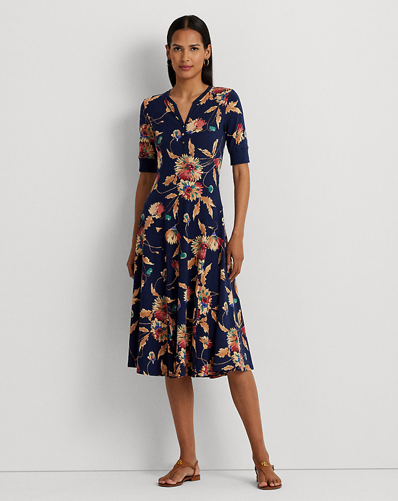 Floral Cotton-Blend Jersey Henley Dress Lauren 1