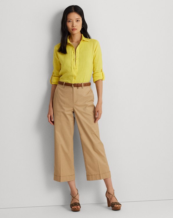 Pleated Cotton Twill Cropped Trouser