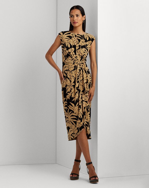 Jersey jurk met strik en palmbladprint