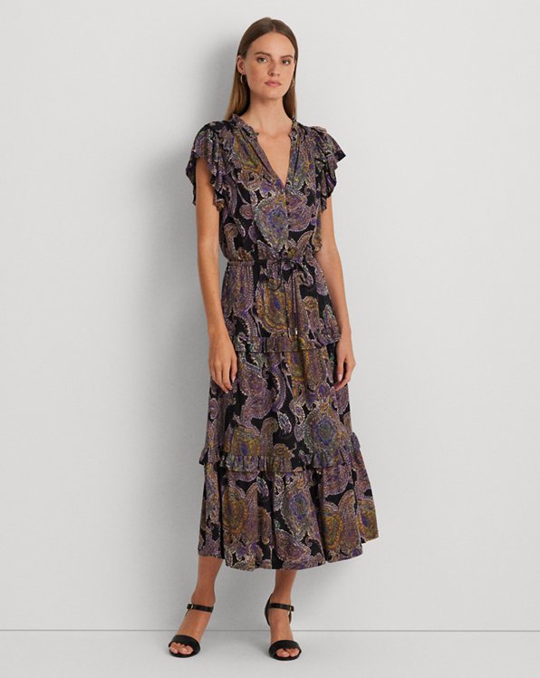 Paisley Linen-Blend Jersey Tiered Dress
