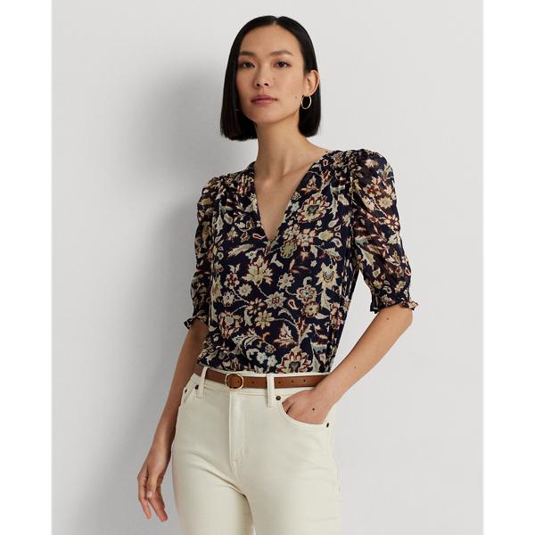 Floral Georgette Puff-Sleeve Blouse