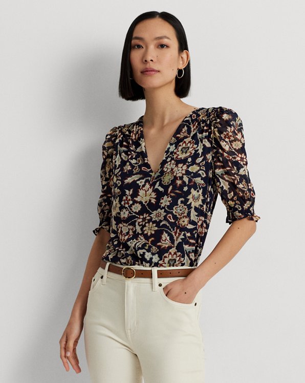 Floral Georgette Puff-Sleeve Blouse