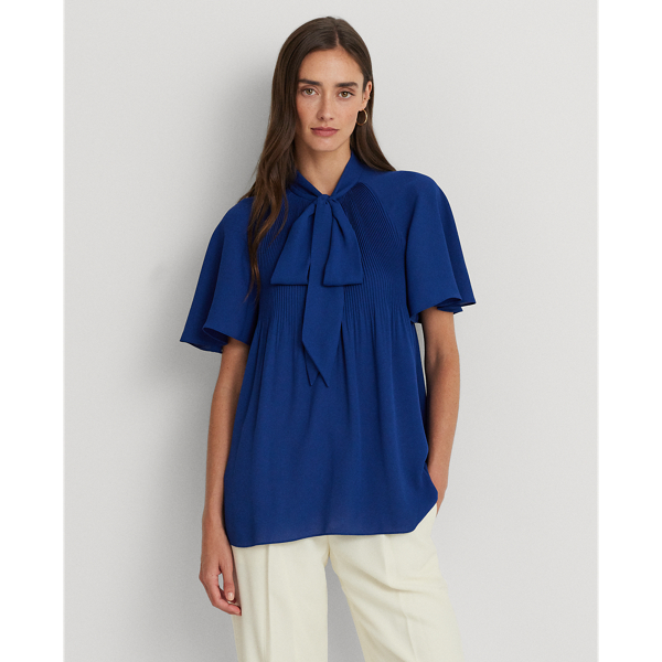 Ralph Lauren Women's Tie Neck Crinkle Georgette Cape Blouse Blue Size X Large