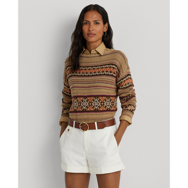 Geo-Motif Cotton-Linen Boatneck Sweater