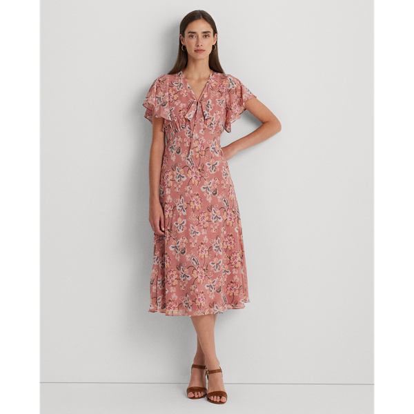 Floral Crinkle Georgette Tie-Neck Dress Lauren 1