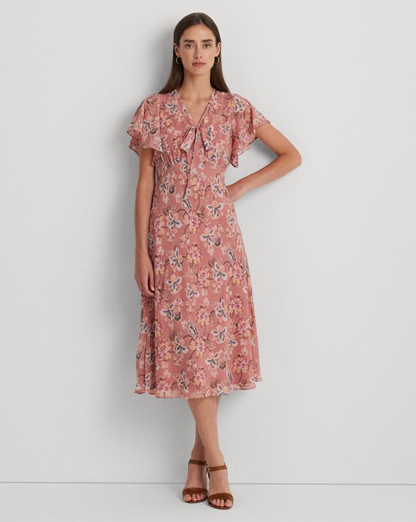 Floral Crinkle Georgette Tie-Neck Dress