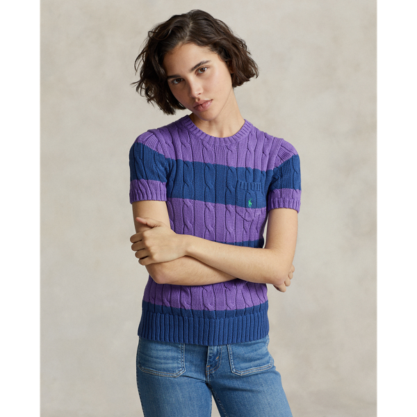 Striped Cable-Knit Short-Sleeve Sweater