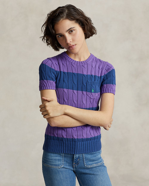 Striped Cable-Knit Short-Sleeve Sweater