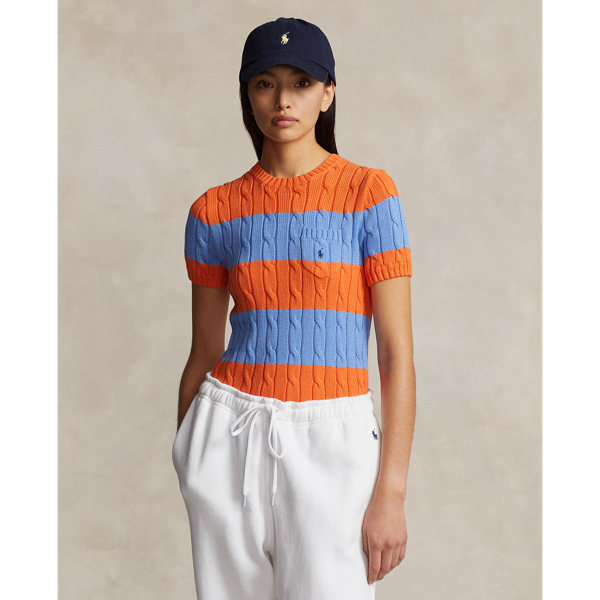 Striped Cable-Knit Short-Sleeve Sweater