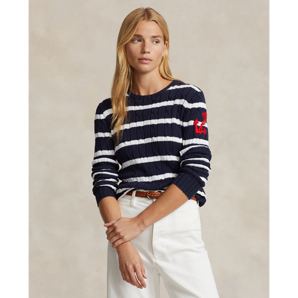 Ralph Lauren Women's Anchor-Motif Cable Cotton Sweater - Size XXL in Hunter Navy/White Stripe