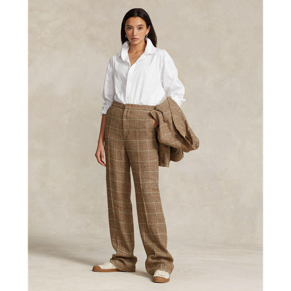 Plaid Linen-Silk Straight-Leg Trouser