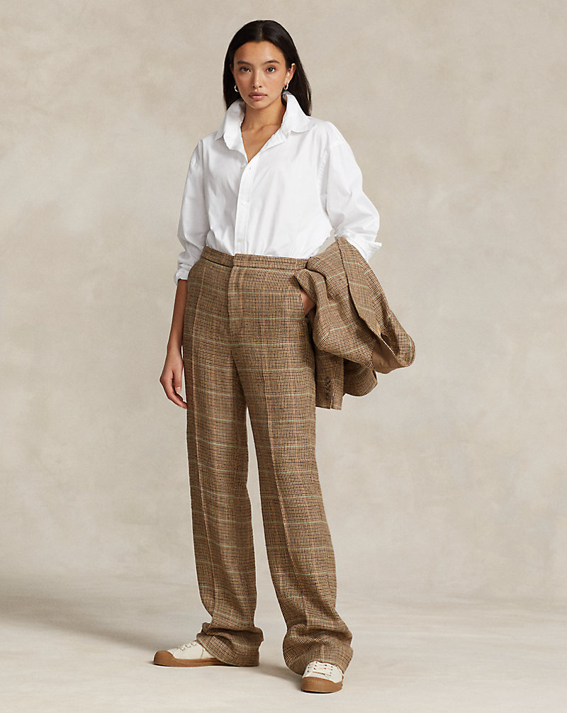 Plaid Linen-Silk Straight-Leg Trouser Polo Ralph Lauren 1