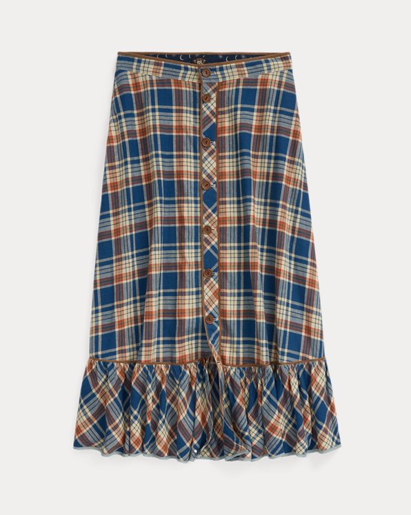 Indigo Plaid Cotton-Linen Skirt