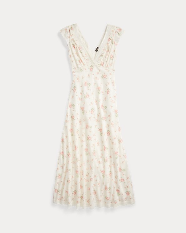 Lace-Trim Floral Cotton Voile Dress
