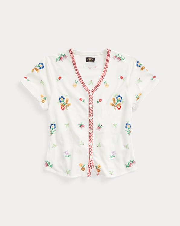 Floral-Embroidered Jersey Top