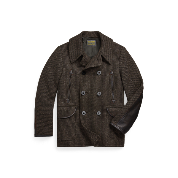 Leather-Trim Wool-Cotton Peacoat