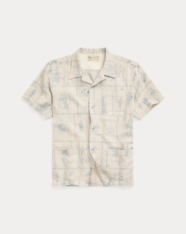 Print Indigo Linen Camp Shirt