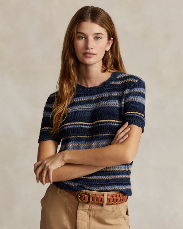 Striped Pointelle-Knit Sweater Tee
