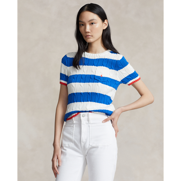 Stripe Cable Cotton Short-Sleeve Sweater