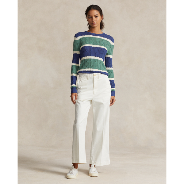 Striped Cable Cotton Crewneck Sweater