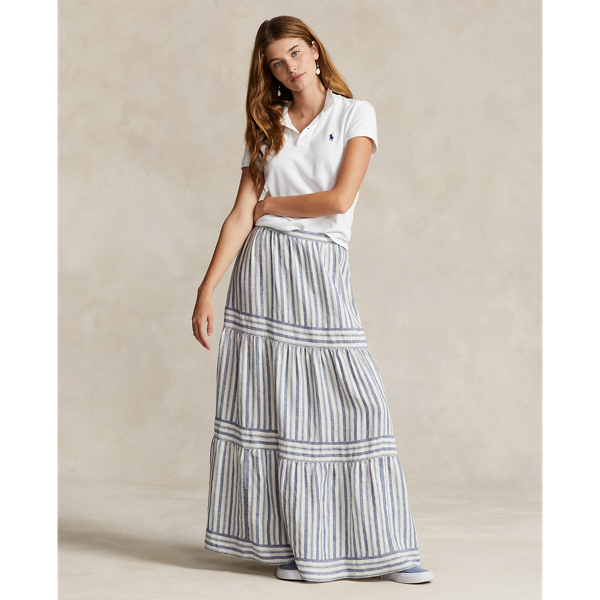 Striped Tiered A-Line Linen Skirt
